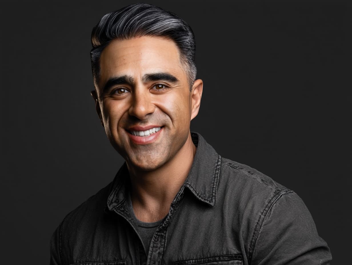 Photo of Serafin Sanchez, founder, smiling against an ink background.